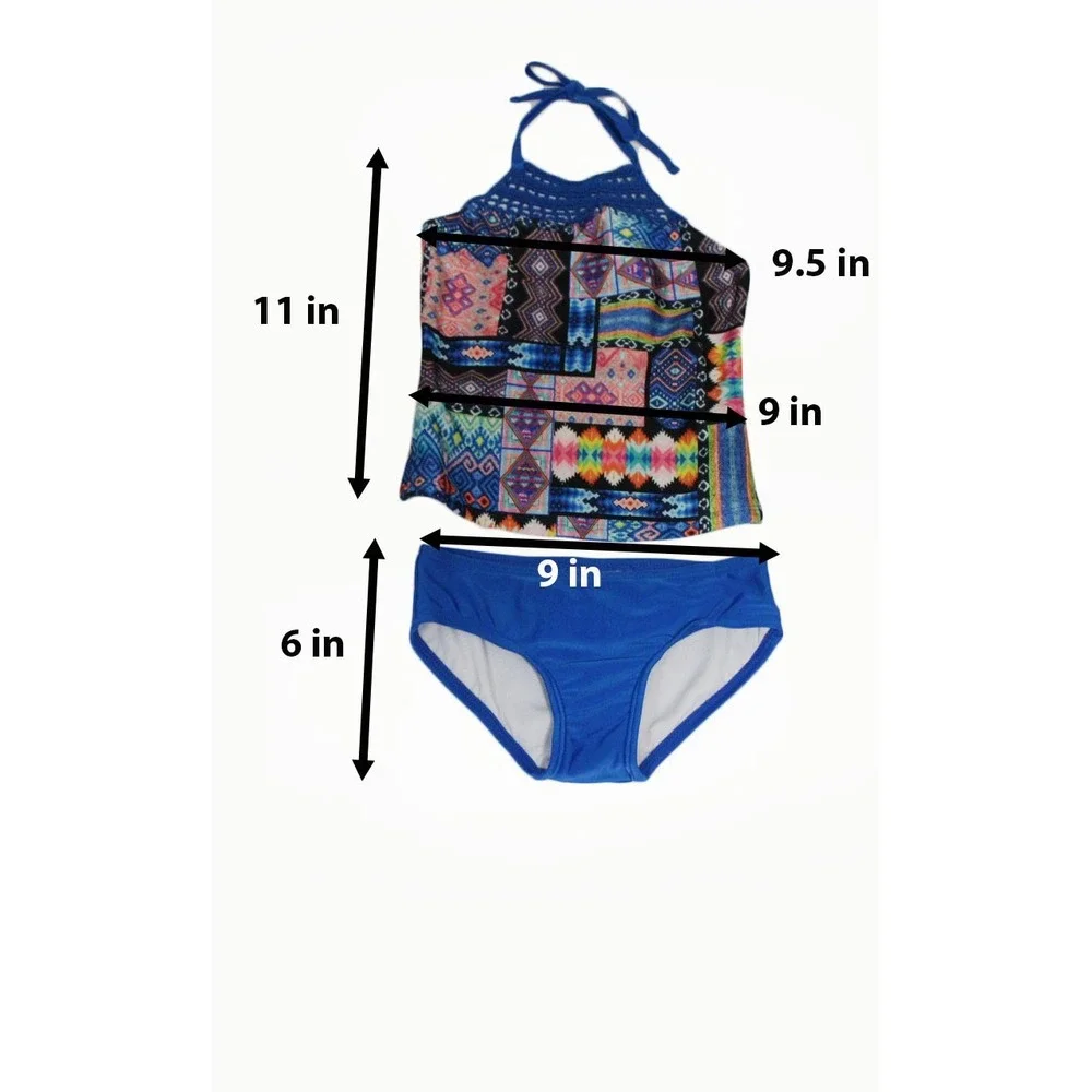 Art Class Little Girl Blue Geometric Patchwork Crochet Halter Tankini Set XS 4/5